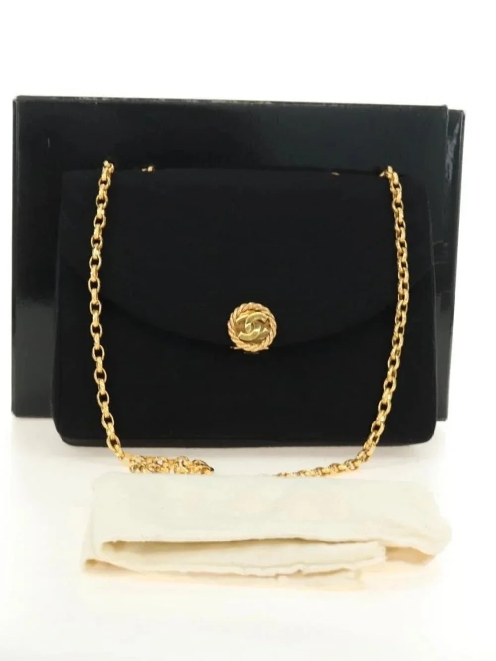 CHANEL Chain Shoulder Bag Cotton Black Gold CC Auth BA13415V